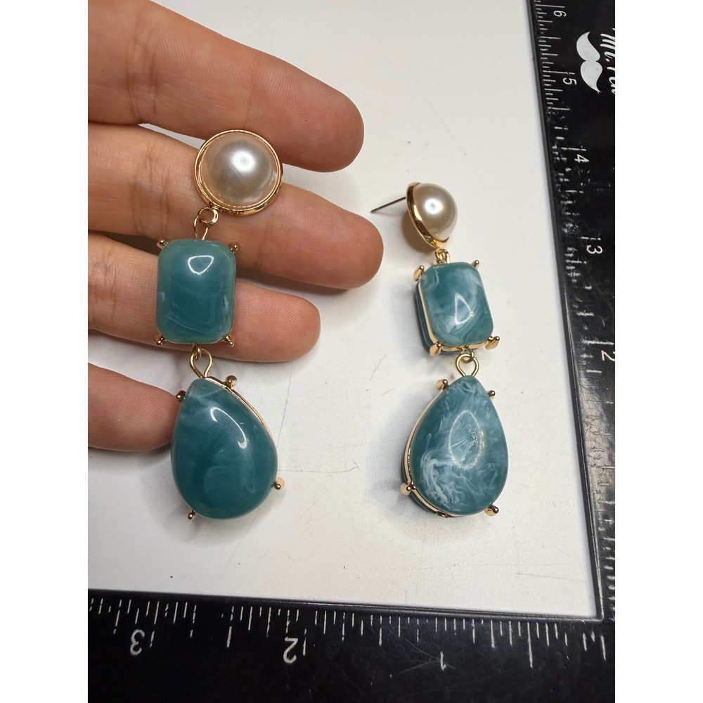 Teal Marbled Resin Faux Pearl Drop Earrings Gold Tone Statement Dangle Jewelry